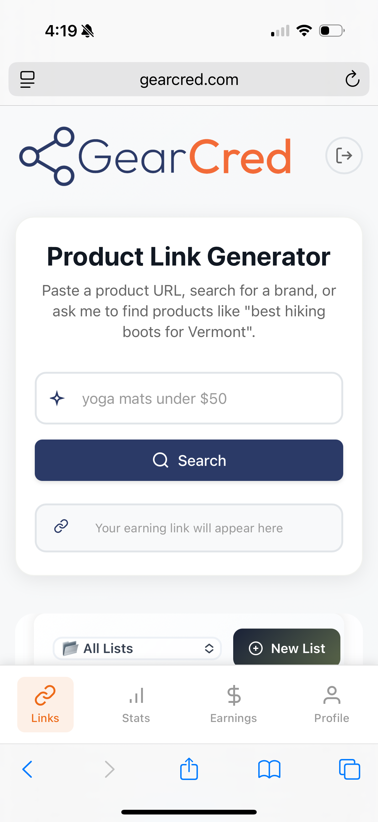 GearCred mobile app showing product search and affiliate link generation interface